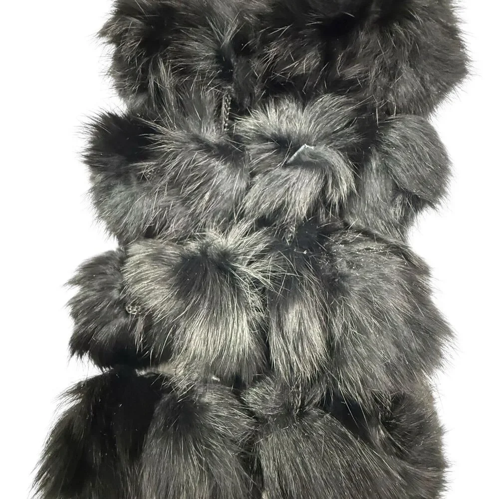100% Genuine Rabbit Fur Black Balls 3 Rows Pompons Scarf 49 x 5